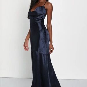 Lulus sweet endeavors navy floral jacquard maxi dress mermaid SZ XL cross straps